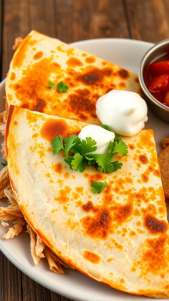 Cheesy chicken quesadilla cut into wedges, served with salsa and sour cream on a rustic table.